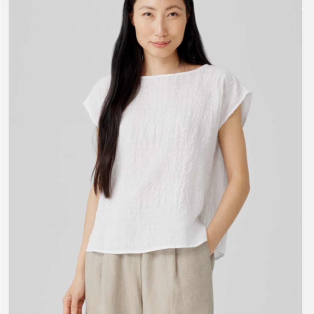 Eileen Fisher White Boxy Cap Sleeve Blouse Size Medium